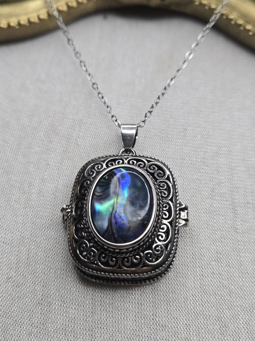 Sterling-Style Silver Locket Necklace with Iridescent Blue Stone